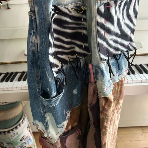 Upcycled Asymmetrical Tie-Dye Dress Denim Patchwork One Size Zebra - Picture 12 of 15